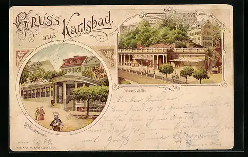 Lithographie Karlsbad, Felsenquelle, Schlossbrunnen