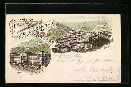 Lithographie Karlsbad, Kurhaus, Teilansicht