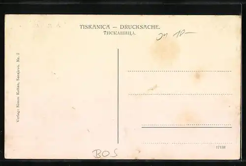 Künstler-AK Sarajevo, Ortsansicht aus der Vogelschau