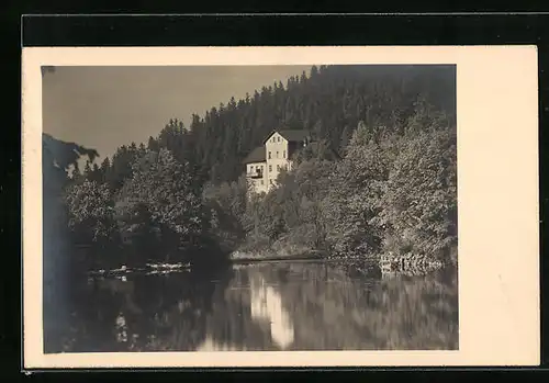 AK Bad Reinerz, Haus Fortuna mit See und Bäumen