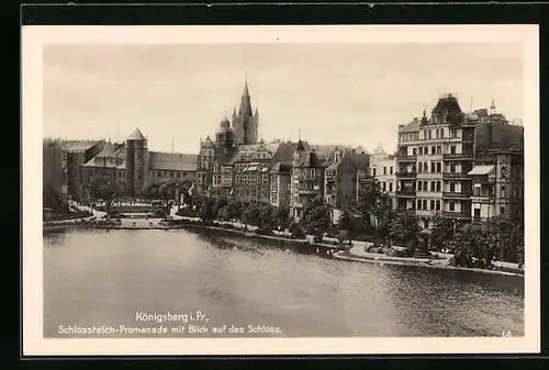 AK Königsberg i. Pr., Schlossteich-Promenade mit Blick auf das Schloss