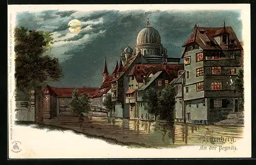 Präge-AK Nürnberg, Synagoge an der Pegnitz bei Vollmond