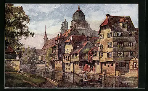 Künstler-AK Nürnberg, Synagoge, Insel Schütt