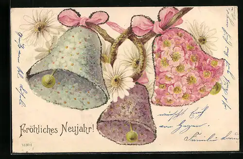Künstler-AK Neujahrsgrüsse, Glocken mit Blumen