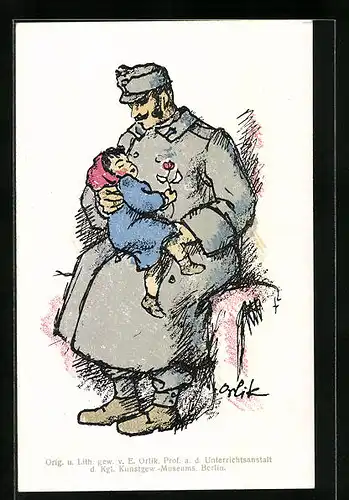 Künstler-AK Österreichischer Soldat im Mantel mit schlafendem Kind auf dem Schoss