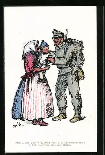 Künstler-AK Österreichischer Soldat und Mutter mit Kind