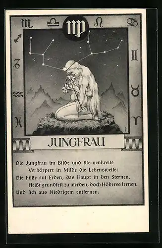Künstler-AK Sternzeichen Jungfrau, Abbildung, Sternbild und Text