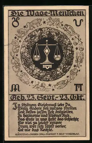 Künstler-AK Die Waage-Menschen, Abbildung Sternzeichen, Zeichnungen, Text