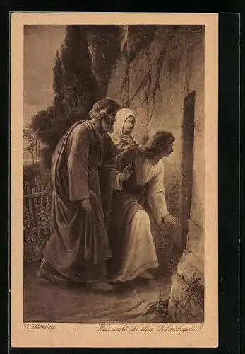 Künstler-AK Was sucht ihr den Lebendigen? - Jünger vor einer Tür