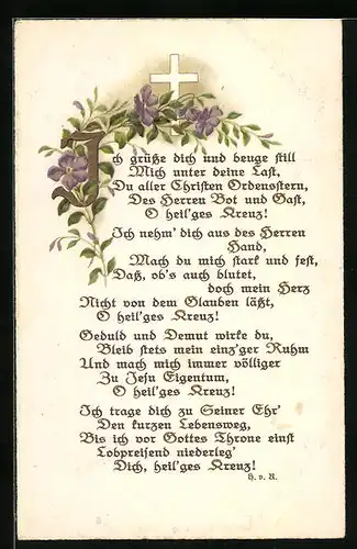 Künstler-AK Ich grüsse dich und beuge still... - Gedicht, Kreuz, Blumen