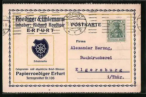AK Erfurt, Firma Roediger & Uhlemann, Inhaber: Richard Roediger, Empfangsbestätigung Zahlkarte