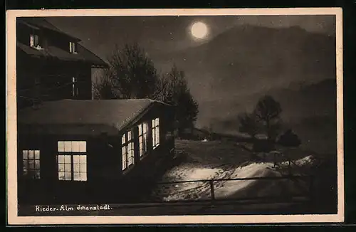 Mondschein-AK Immenstadt, Rieder-Alm mit erleuchteten Fenstern