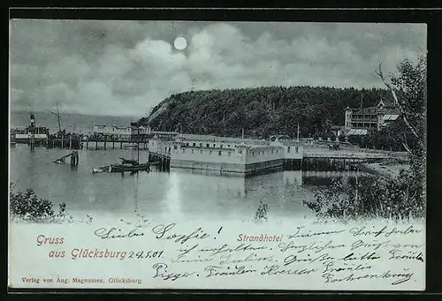 Mondschein-AK Glücksburg, Strandhotel mit Schiffen