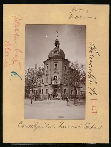 Fotografie Brück & Sohn Meissen, Ansicht Cossebaude, Partie am Kaiserlichen Postamt, Briefträger