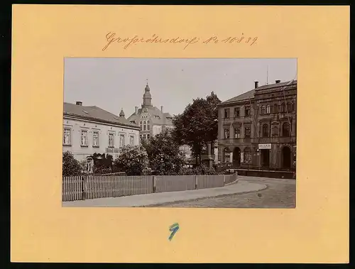 Fotografie Brück & Sohn Meissen, Ansicht Grossröhrsdorf, Bahnhostrasse mit Haus Milka-Niederlange, Reichs-Adler-Drogerie