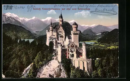 AK Schloss Neuschwanstein mit Alp- und Schwansee