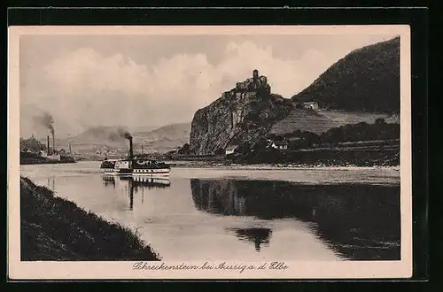 AK Aussig an der Elbe, Burg Schreckenstein mit Elbdampfer