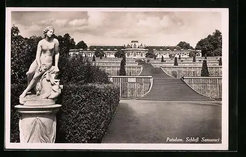 AK Potsdam, Schloss Sanssouci mit Terrassen und Statue