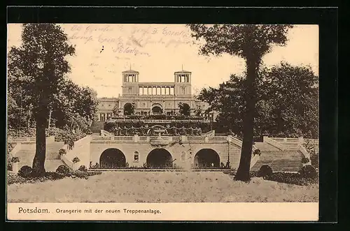 AK Potsdam, Schloss Sanssouci - Orangerie mit der neuen Treppenanlage