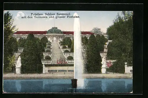 AK Potsdam, Schloss Sanssouci mit den Terrassen und grosser Fontaine