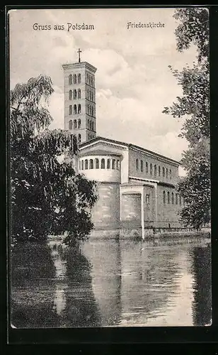 AK Potsdam, Ansicht der Friedenskirche vom Wasser aus