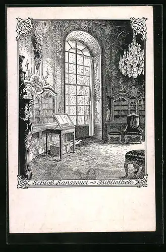 Künstler-AK Potsdam, Schloss Sanssouci - Bibliothek