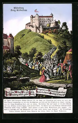 Künstler-AK Weinsberg, Burg Weibertreu, Rettung der Männer durch Weiberlist im Jahr 1140