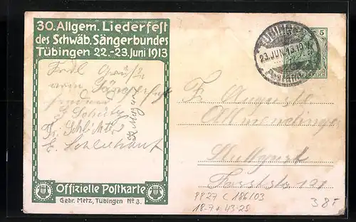 Künstler-AK Ganzsache PP27C186 /03: Tübingen, 30. Allgem. Liederfest des Schwaäb. Sängerbundes 1913, Komponist Silcher