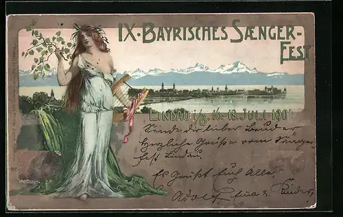 Künstler-AK Ganzsache Bayern PP15C64: Lindau, IX. Bayrisches Sängerfest 1904, Insel gegen die Alpen