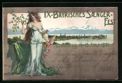 Künstler-AK Ganzsache Bayern PP15C64: Lindau, IX. Bayrisches Sängerfest 1904, Insel gegen Bodensee und Alpen
