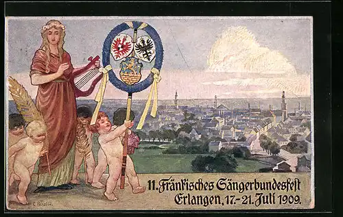 Künstler-AK Ganzsache Bayern PP15C160 /02: Erlangen, 11. Fränkisches Sängerbundesfest 1909