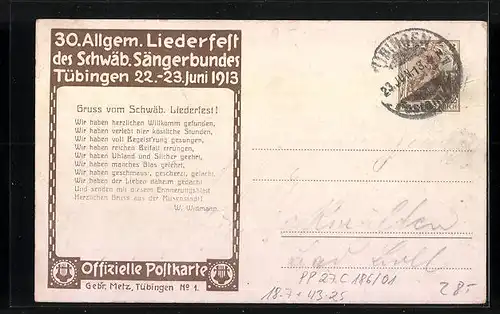 Künstler-AK Ganzsache PP27C186 /01: Tübingen, 30. Allgem. Liederfest des Schwäb. Sängerbundes 1913, Panorama