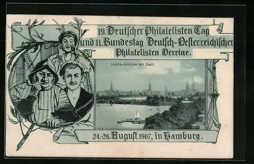 AK Hamburg, 19. Deutscher Philatelisten-Tag 24.-26.08.1907, Lombardsbrücke, Ganzsache