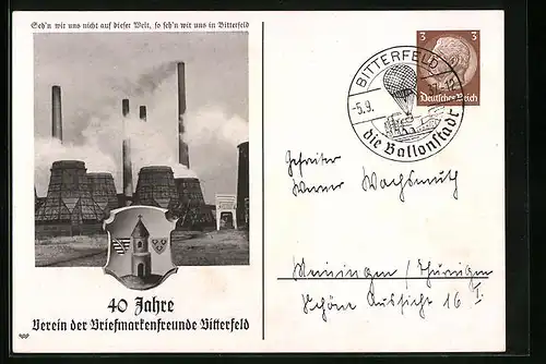 AK Ganzsache PP122D3: Bitterfeld, 40 Jahre Verein der Briefmarkenfreunde, Industrie