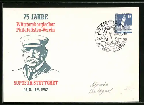 AK Stuttgart, Süposta 1957, 75 Jahre Württembergischer Philatelisten-Verein, Ganzsache
