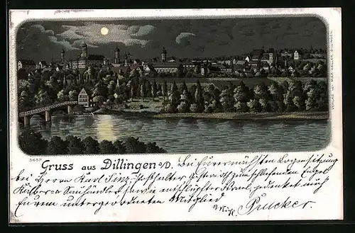 Lithographie Dillingen a. D., Ortsansicht mit Brücke bei Vollmond