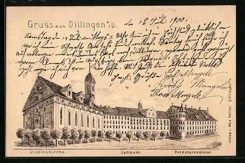 Lithographie Dillingen a. D., Studienkirche, Lyceum und Priesterseminar