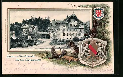 Passepartout-Lithographie Friedenweiler, Kurhaus Friedenweiler, Jagdhund mit Beute, Wappen