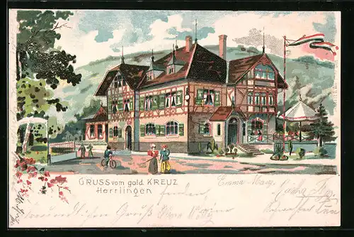 Lithographie Herrlingen, Gasthaus zum goldenen Kreuz (Gebäude)