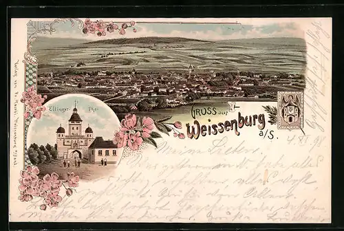 Lithographie Weissenburg, Ellinger Thor, Wappen, Totalansicht