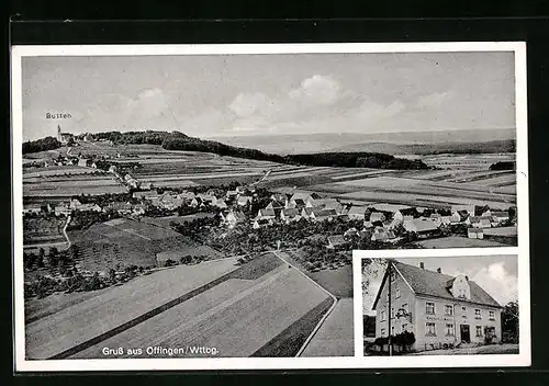 AK Offingen / Uttenweiler, Gasthaus zum Adler, Ortsansicht aus der Vogelschau mit Bussen