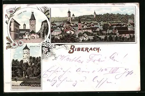 Lithographie Biberach /Riss, Ulmer Thor, Weisser Thurm, Ortsansicht aus der Vogelschau