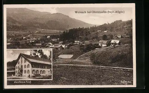 Künstler-AK Eugen Felle: Weissach /Allg., Gasthaus Koch, Ortsansicht aus der Vogelschau