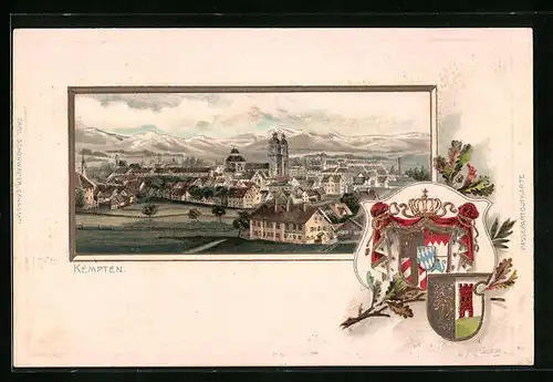 Passepartout-Lithographie Kempten, Totalansicht, Wappen, Eichenlaub