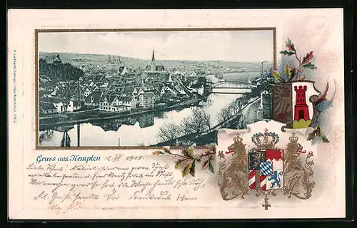 Passepartout-Lithographie Kempten, Ortsansicht, Wappen, Eichenlaub