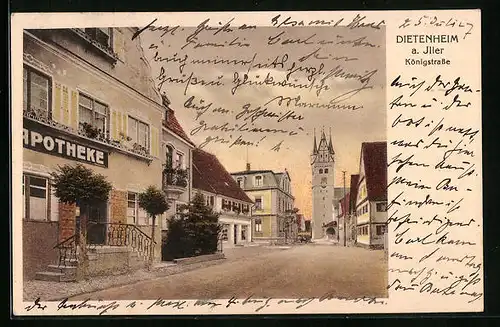 Künstler-AK Dietenheim a. Iller, Königstrasse mit Apotheke