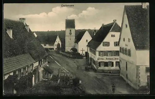 AK Dettensee, Ortspartie mit Gasthaus zum Hirsch und Kirche