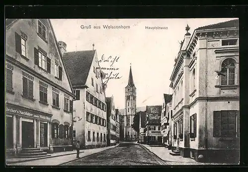 AK Weissenhorn, Hauptstrasse mit Geschäften und Blick auf Kirche