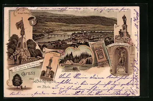Lithographie Säckingen a. Rhein, Gesamtansicht mit Krieger-Denkmal und Scheffel-Denkmal