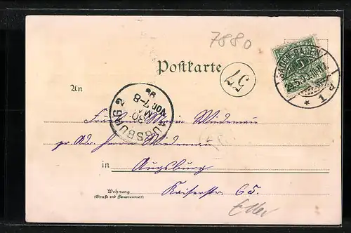 Lithographie Säckingen a. Rhein, Gesamtansicht mit Krieger-Denkmal und Scheffel-Denkmal